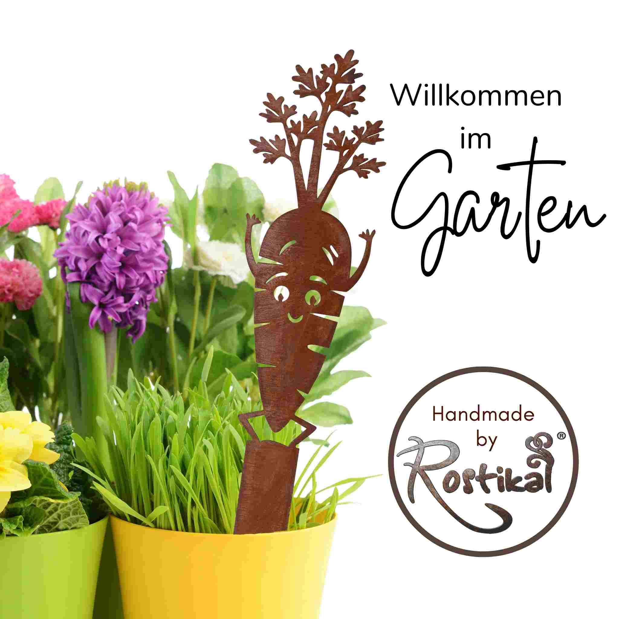 Diese lustige Karotte ist als Gartenstecker Rost Figur der absolute Hingucker im Gemüsebeet oder im Blumenkasten auf dem Balkon.