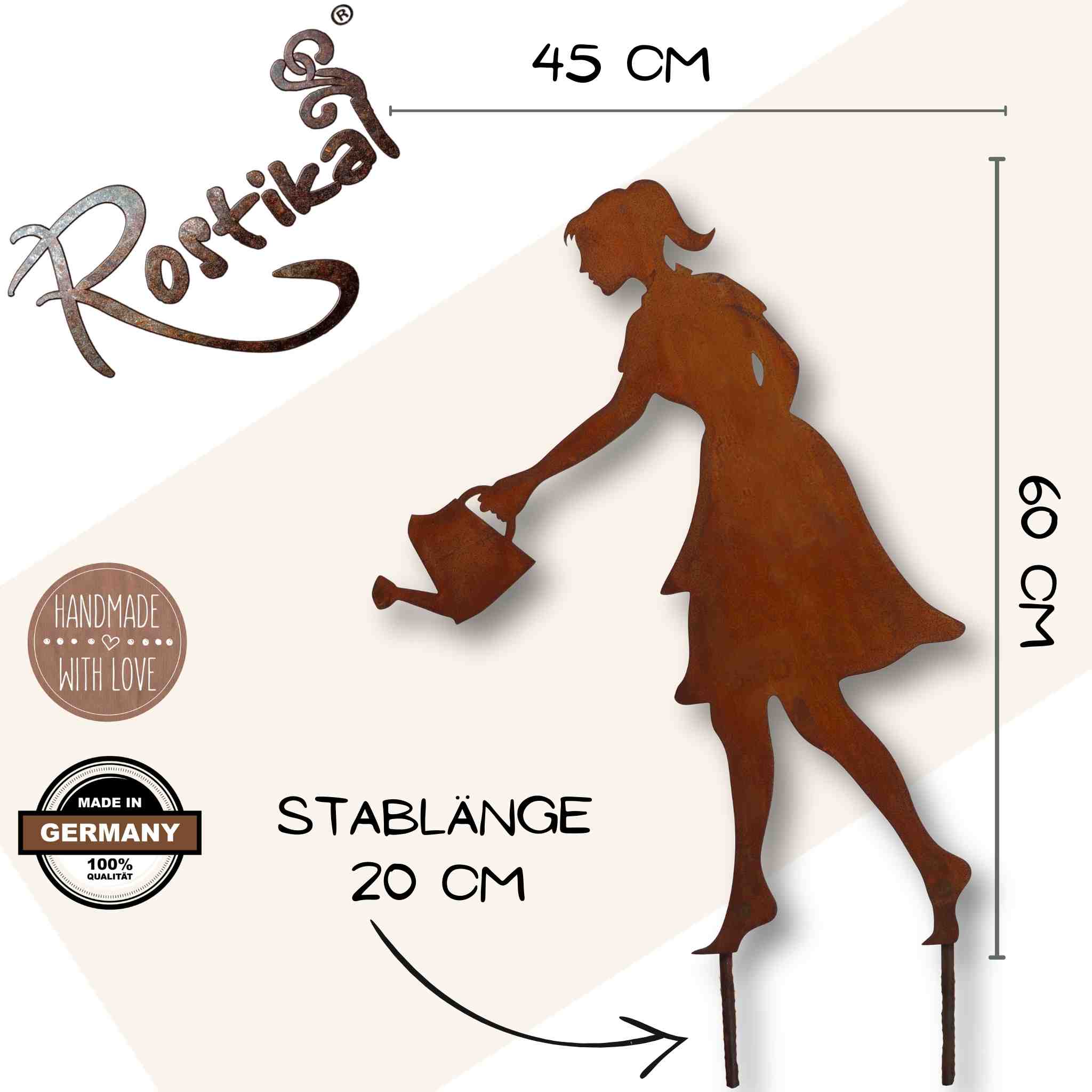 Diese 60 x 40 cm große Gartenstecker Rost Figur kann mittels der 20 cm langen Stäbe einfach in die Erde eingebracht werden.