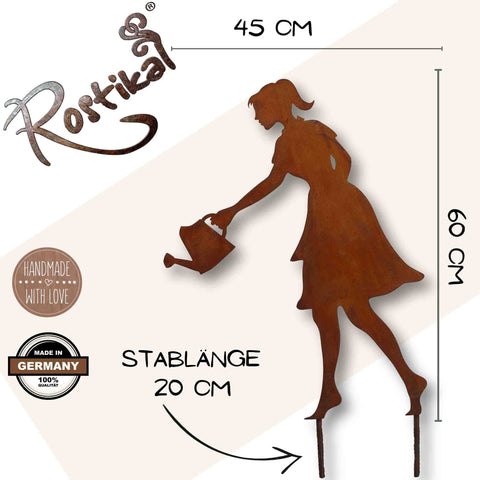 Diese 60 x 40 cm große Gartenstecker Rost Figur kann mittels der 20 cm langen Stäbe einfach in die Erde eingebracht werden.