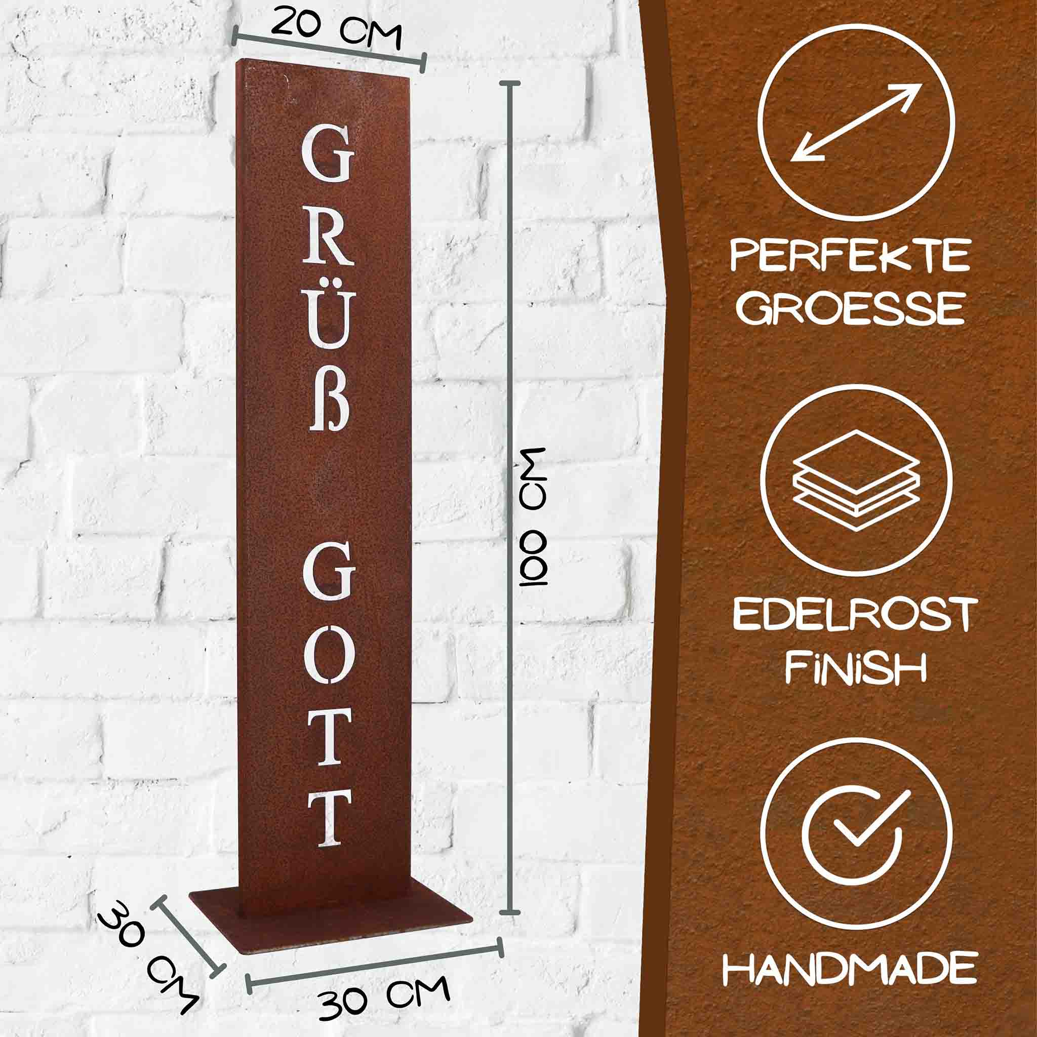 Cortenstahl Säule mit ‚GRÜß GOTT‘ Schriftzug, handgefertigt mit Edelrost Finish, Maße 100 cm hoch – dekorative Rostsäule für Garten, Eingang oder Terrasse