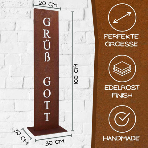 Cortenstahl Säule mit ‚GRÜß GOTT‘ Schriftzug, handgefertigt mit Edelrost Finish, Maße 100 cm hoch – dekorative Rostsäule für Garten, Eingang oder Terrasse