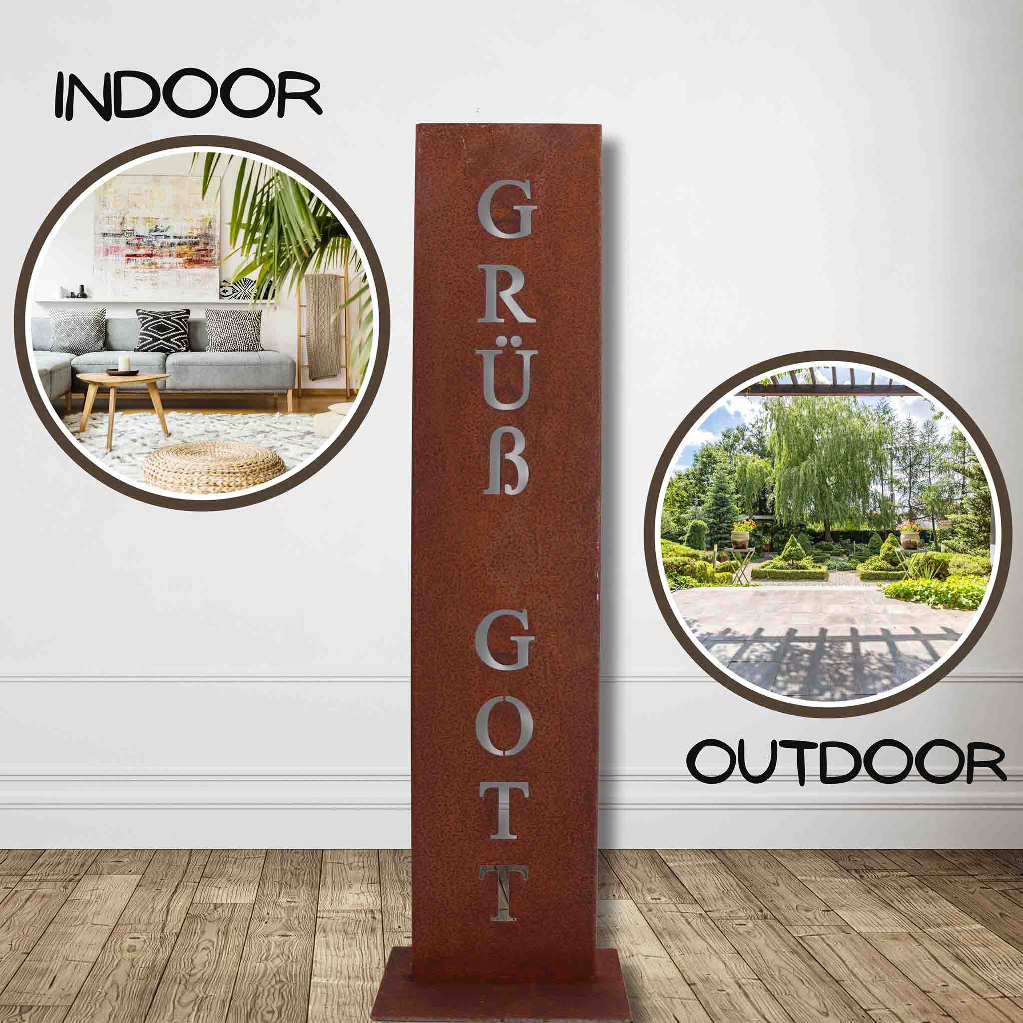 Rostsäule mit ‚GRÜß GOTT‘ Schriftzug als Dekoration für Garten, Terrasse oder Wohnzimmer – Edelrost Säule für Indoor und Outdoor Begrüßung