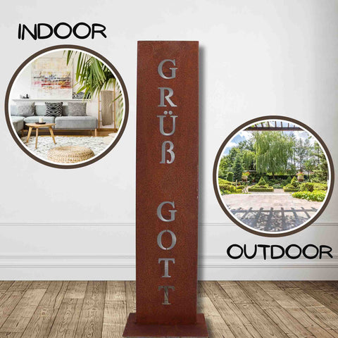 Rostsäule mit ‚GRÜß GOTT‘ Schriftzug als Dekoration für Garten, Terrasse oder Wohnzimmer – Edelrost Säule für Indoor und Outdoor Begrüßung