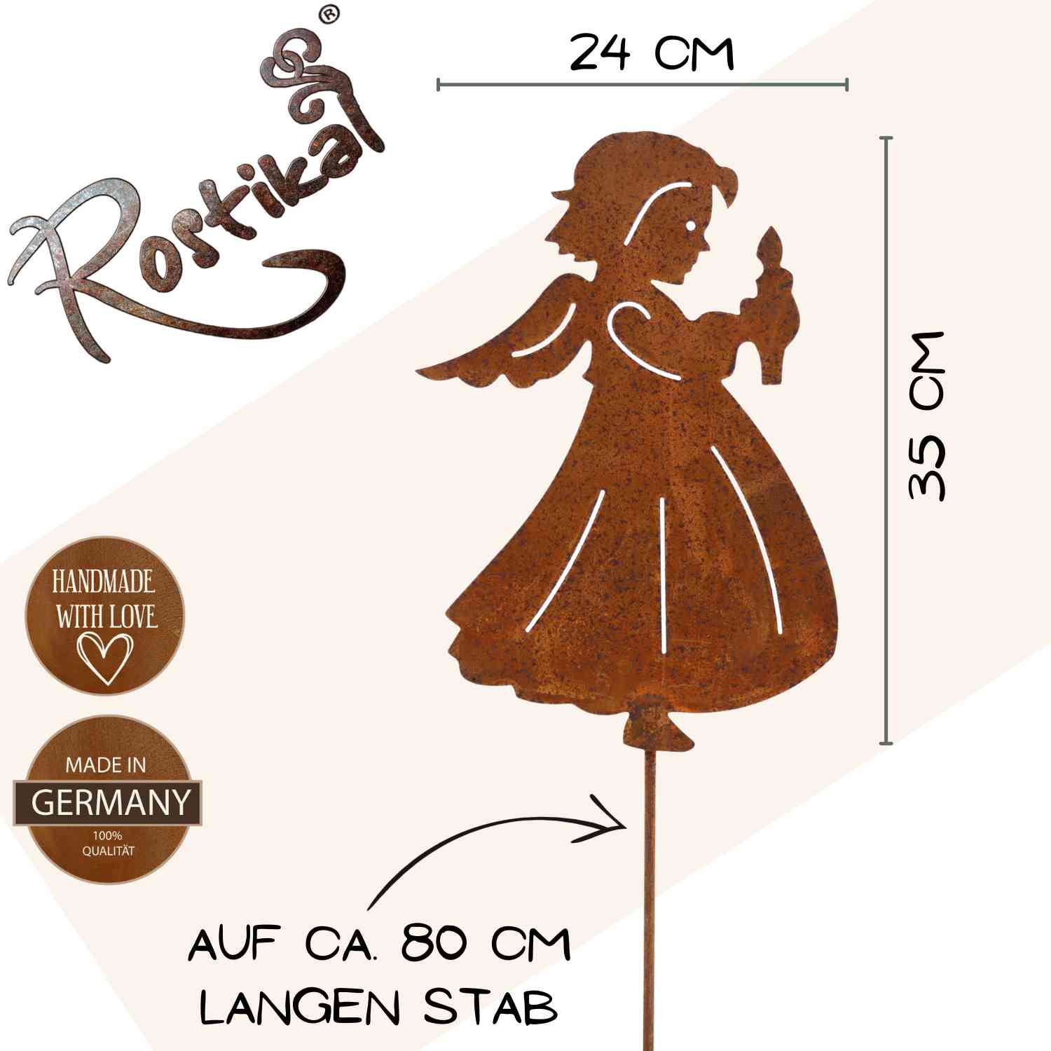 Als besondere Dekoration zu Weihnachten oder als Geschenk fĂŒr Ihre Lieben macht der Engel aus rostigem Metall eine gute Figur.