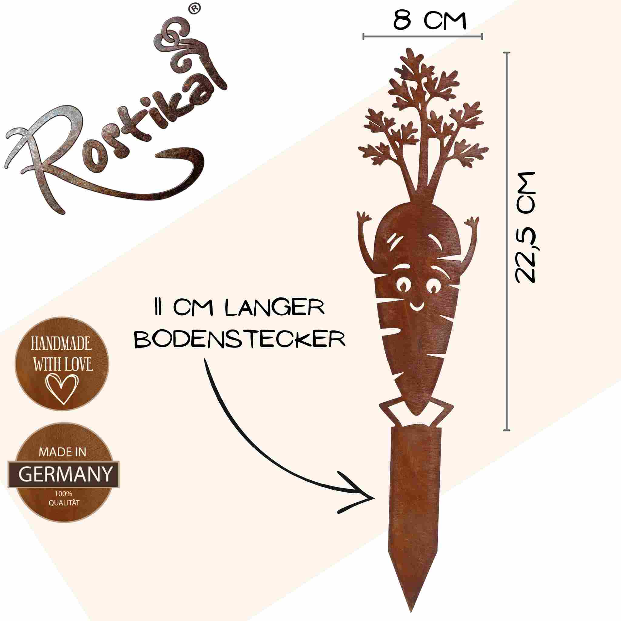 Als lustige Gartenstecker Rost Figur sorgt die Karotte mit Gesicht, Händen und Füßen für ein tolles Deko Highlight.