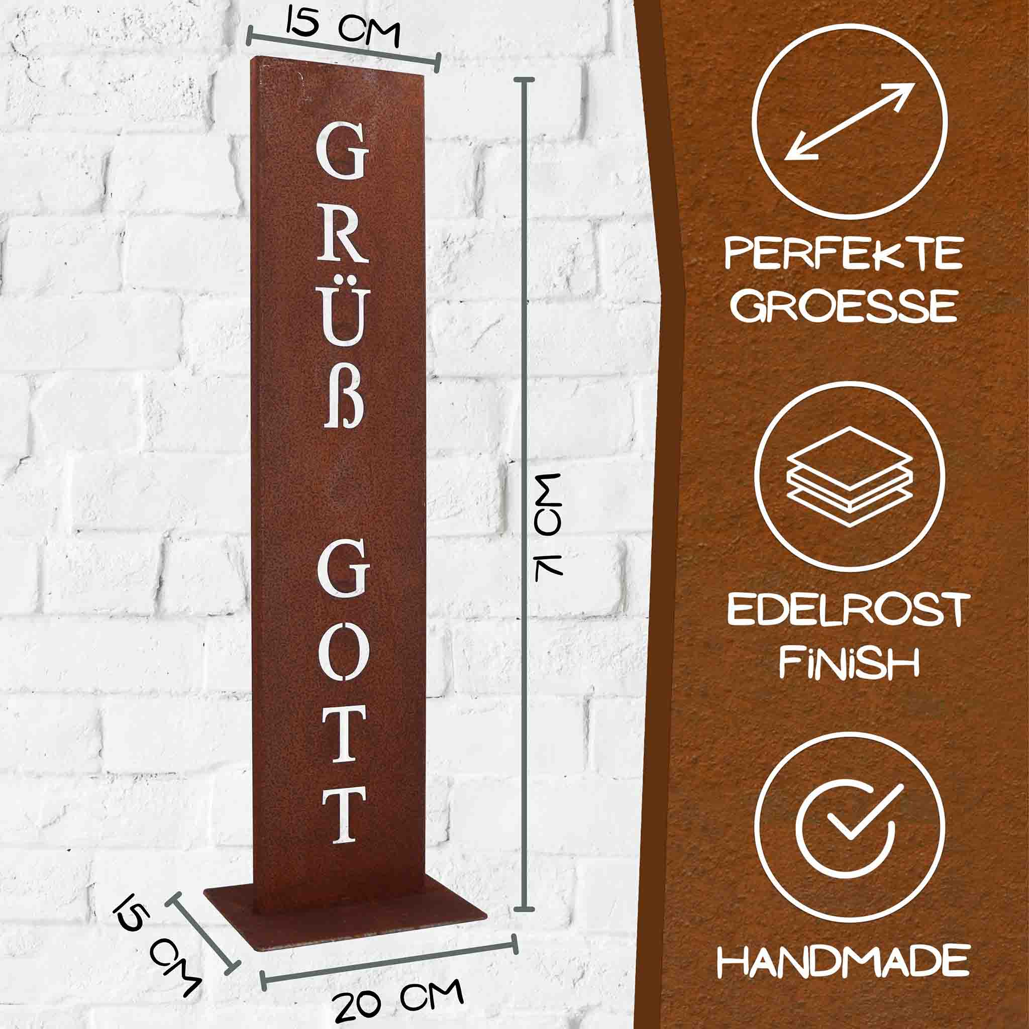 Rostsäule mit ‚GRÜß GOTT‘ Schriftzug, Edelrost Finish, handgefertigt, Maße 71 cm hoch – dekoratives Metallschild für Eingang, Garten oder Terrasse