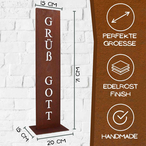 Rostsäule mit ‚GRÜß GOTT‘ Schriftzug, Edelrost Finish, handgefertigt, Maße 71 cm hoch – dekoratives Metallschild für Eingang, Garten oder Terrasse