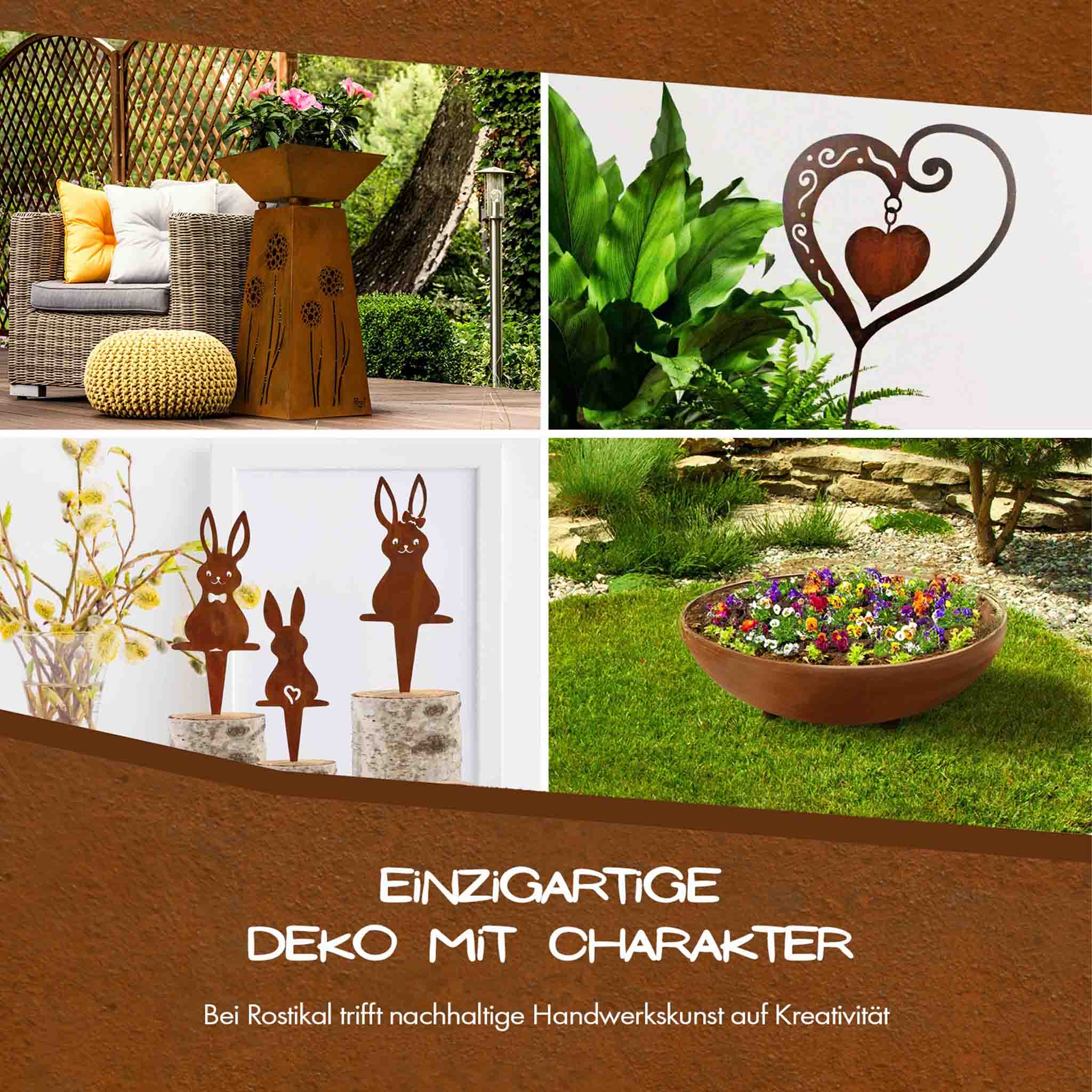 Rostdeko für Garten und Haus: Rostsäule mit Blumenmotiv, Herzstecker, Hasenstecker und Edelrost Feuerschale als nachhaltige Gartendeko und Osterdeko von Rostikal