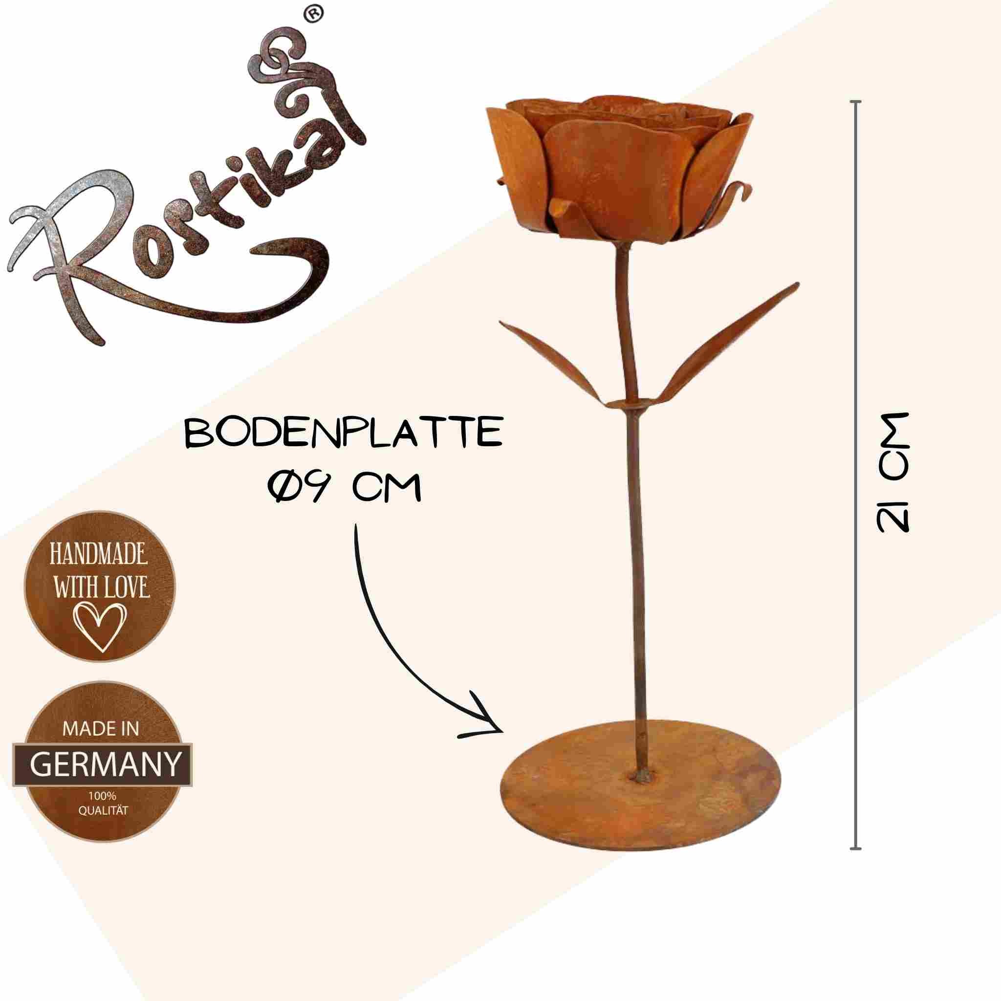 Romantische 21 cm Metalldeko Rose im Edelrost Design – perfekt für Garten und Haus, verleiht eine zauberhafte Atmosphäre.