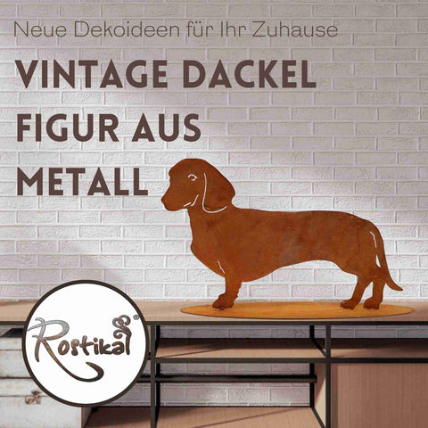 Einzigartige Dackel Dekofigur aus Metall in Edelrost auf Bodenplatte als perfekte Dekoration für Feuerwehrfans und den Garten