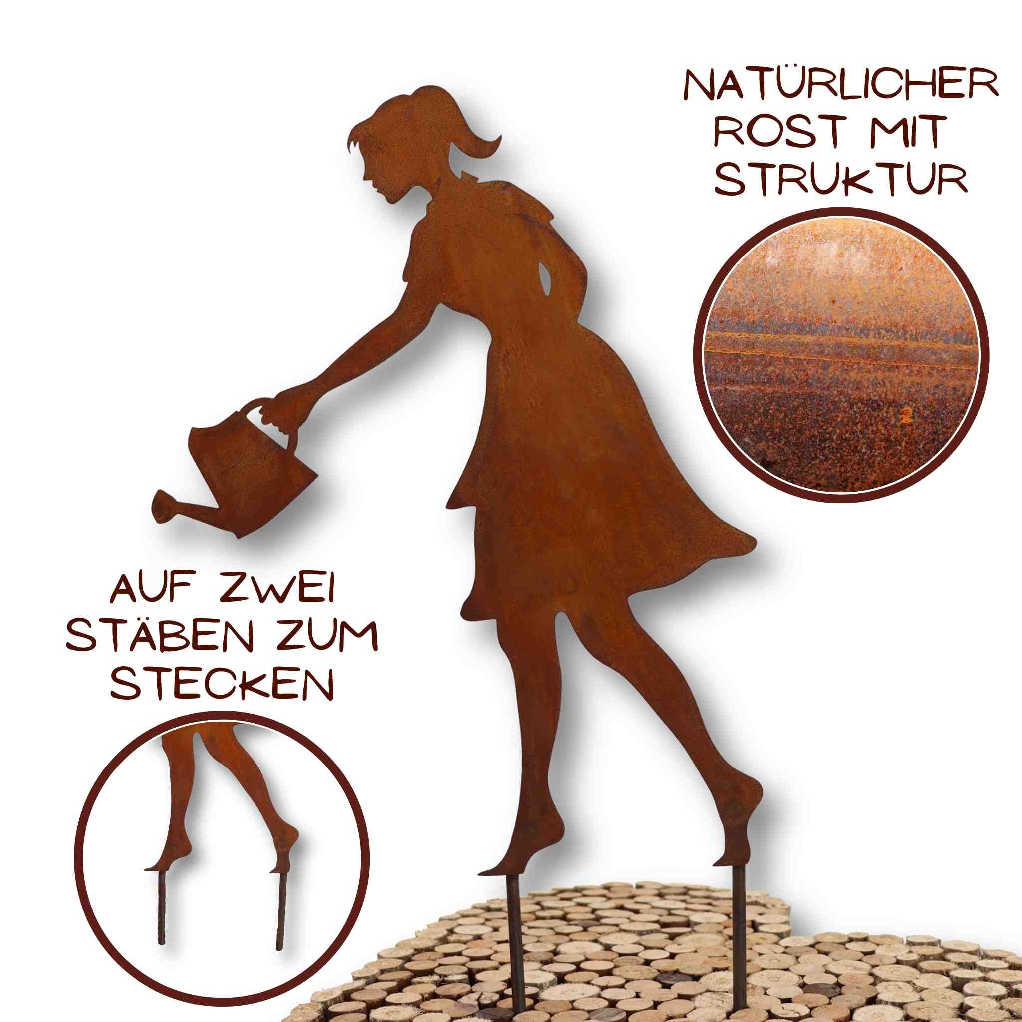 Entzückendes Mädchen mit Gießkanne im angesagten Edelrost Look als Metall Figur für Ihre Gartendekoration.