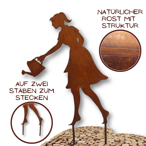 Entzückendes Mädchen mit Gießkanne im angesagten Edelrost Look als Metall Figur für Ihre Gartendekoration.