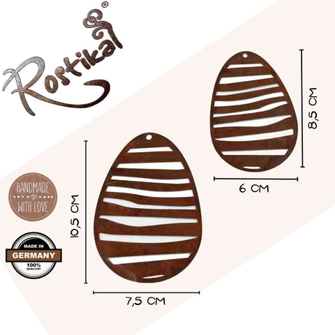 Ostereier zum Hängen aus Metall mit natürlicher Edelrost Patina als einzigartige Frühlingsdeko für Haus und Garten.