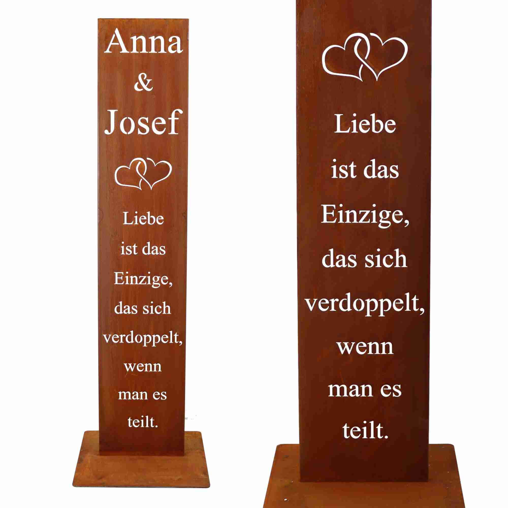 Personalisierbare Metall Dekoration in Edelrost als handgefertigte Spruchtafel für Innen- und Außenbereiche oder als Hochzeitsgeschenk.