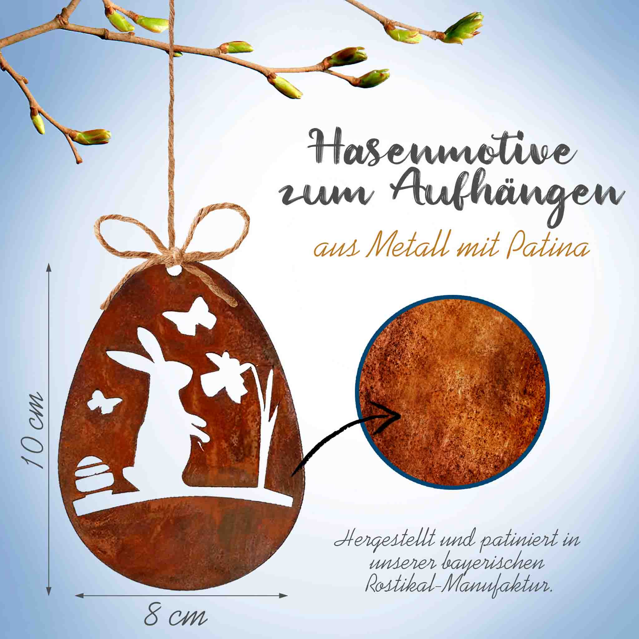 Detailansicht des Edelrost Ostereier Deko-Sets mit Aufhängeschnur für die Osterdekoration im Haus oder Garten.