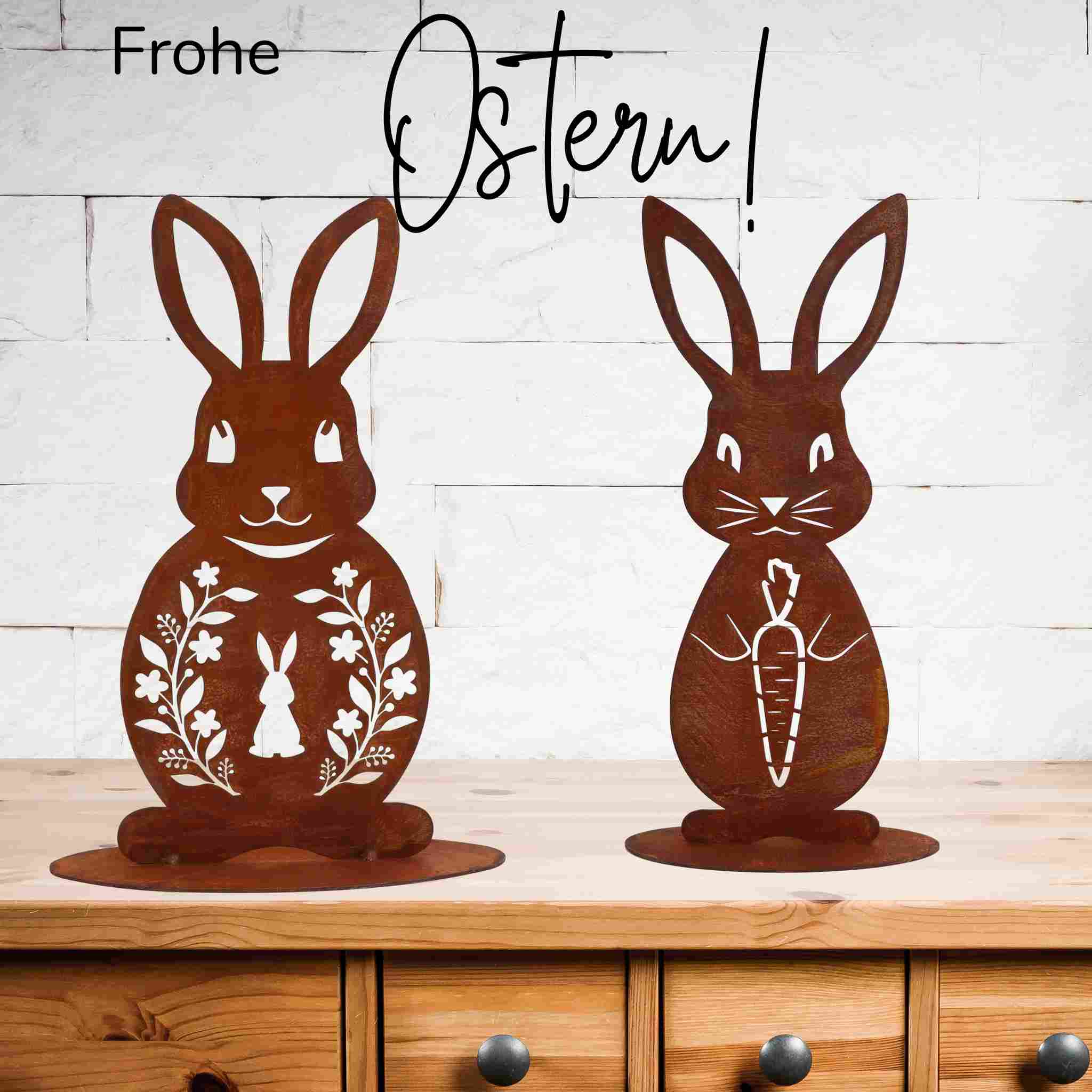 Gestalten Sie Ihren Garten mit unserem Vintage Rost-Hasen-Set. Drei kunstvolle Hasenfiguren, die Ihrem Außenbereich einen Hauch von Eleganz verleihen