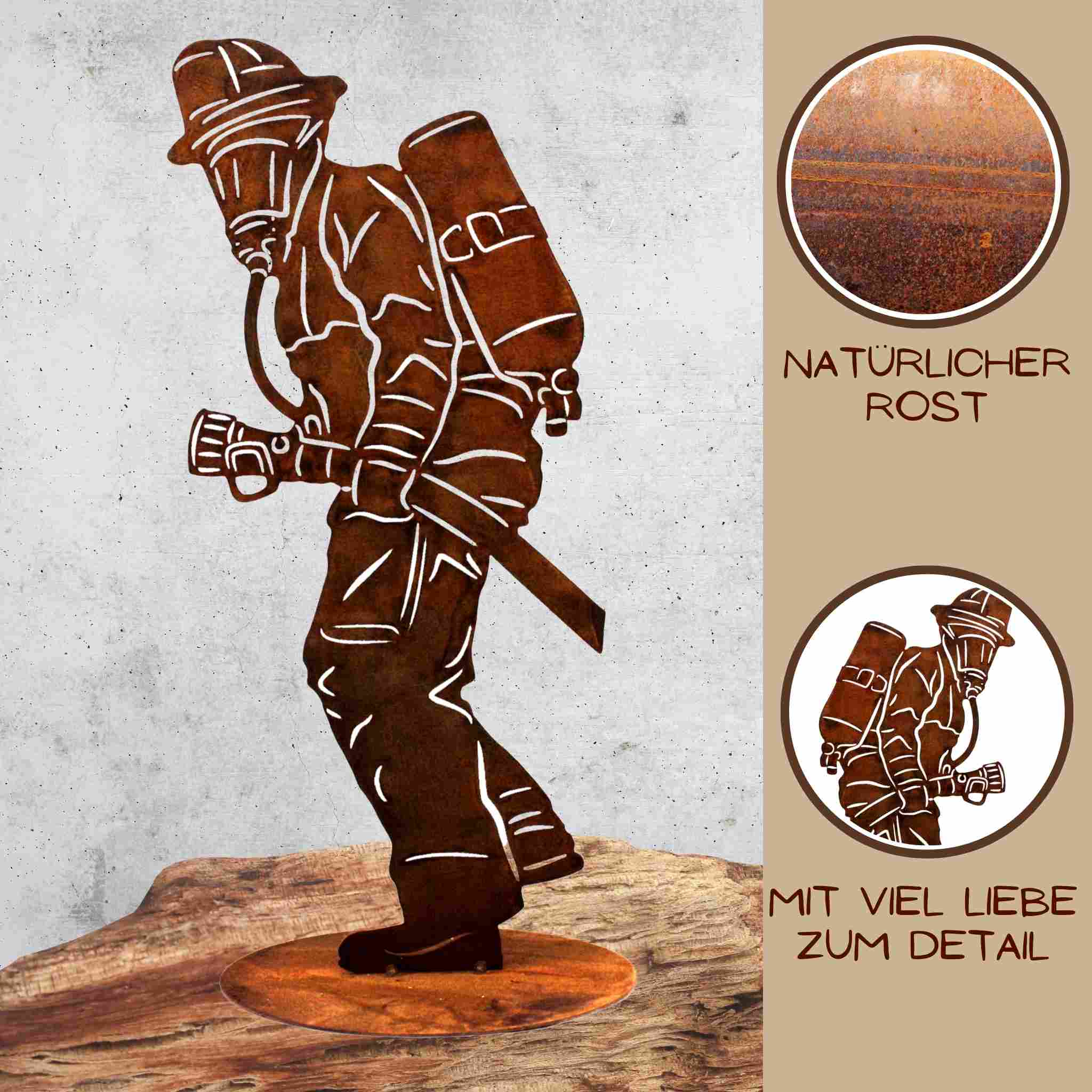 Einzigartige Rost Metall Deko Figur Feuerwehrmann mit vielen Details für Ihre Wohn- und Gartendekoration oder als Geschenkidee.