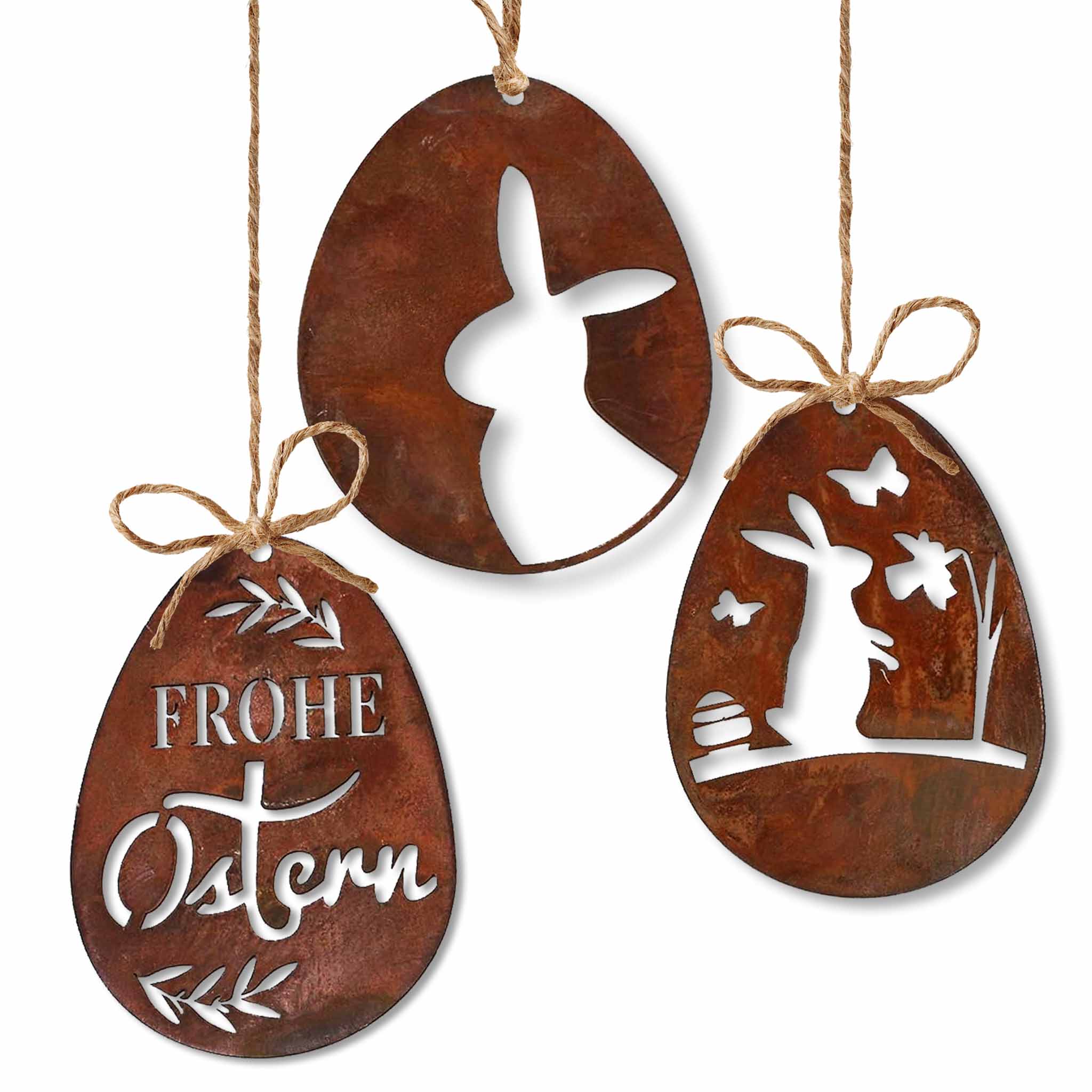 Edelrost Ostereier Deko-Set mit 'Frohe Ostern'-Schriftzug, aus Metall gefertigt, ideal als hängende Osterdekoration