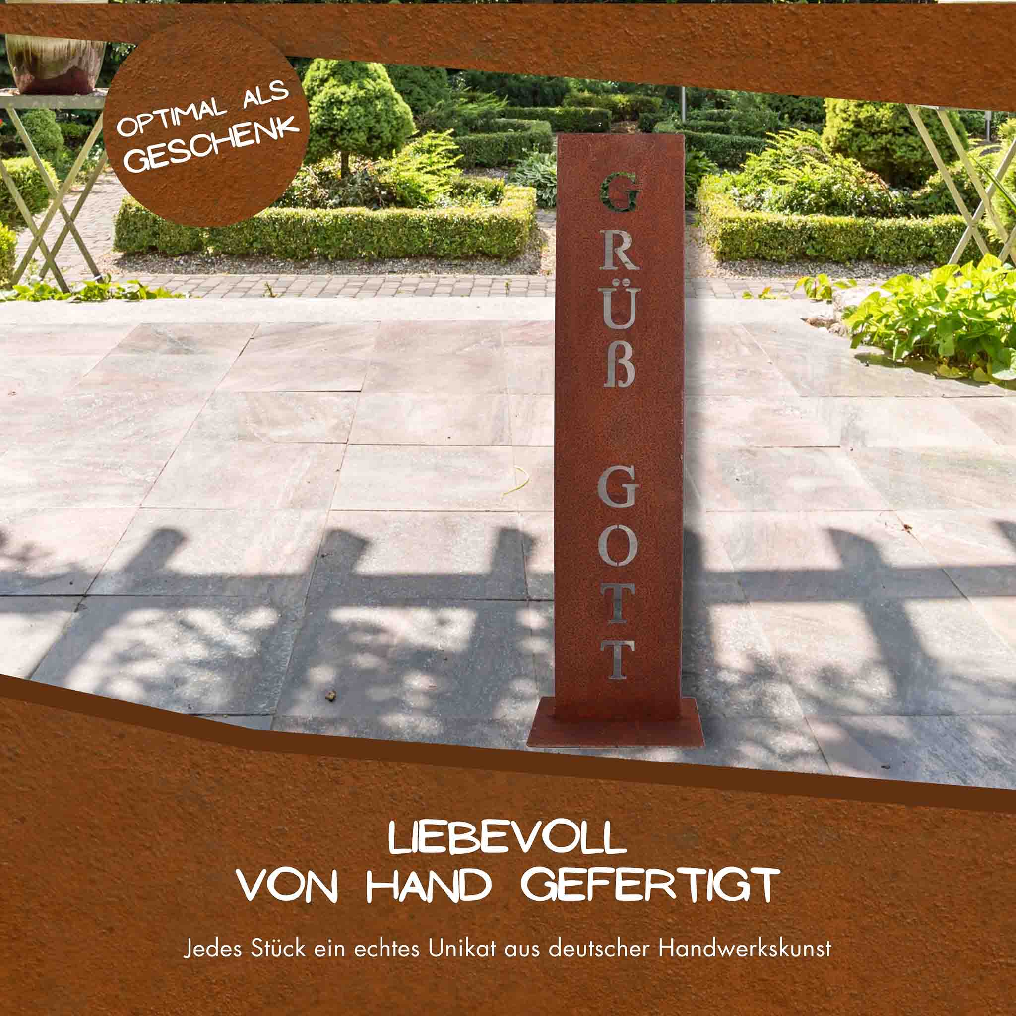 Edelrost Säule mit ‚GRÜß GOTT‘ als Eingangsdeko – rostige Metallsäule für Haus, Garten, Terrasse, liebevoll handgefertigt, ideale Geschenkidee.
