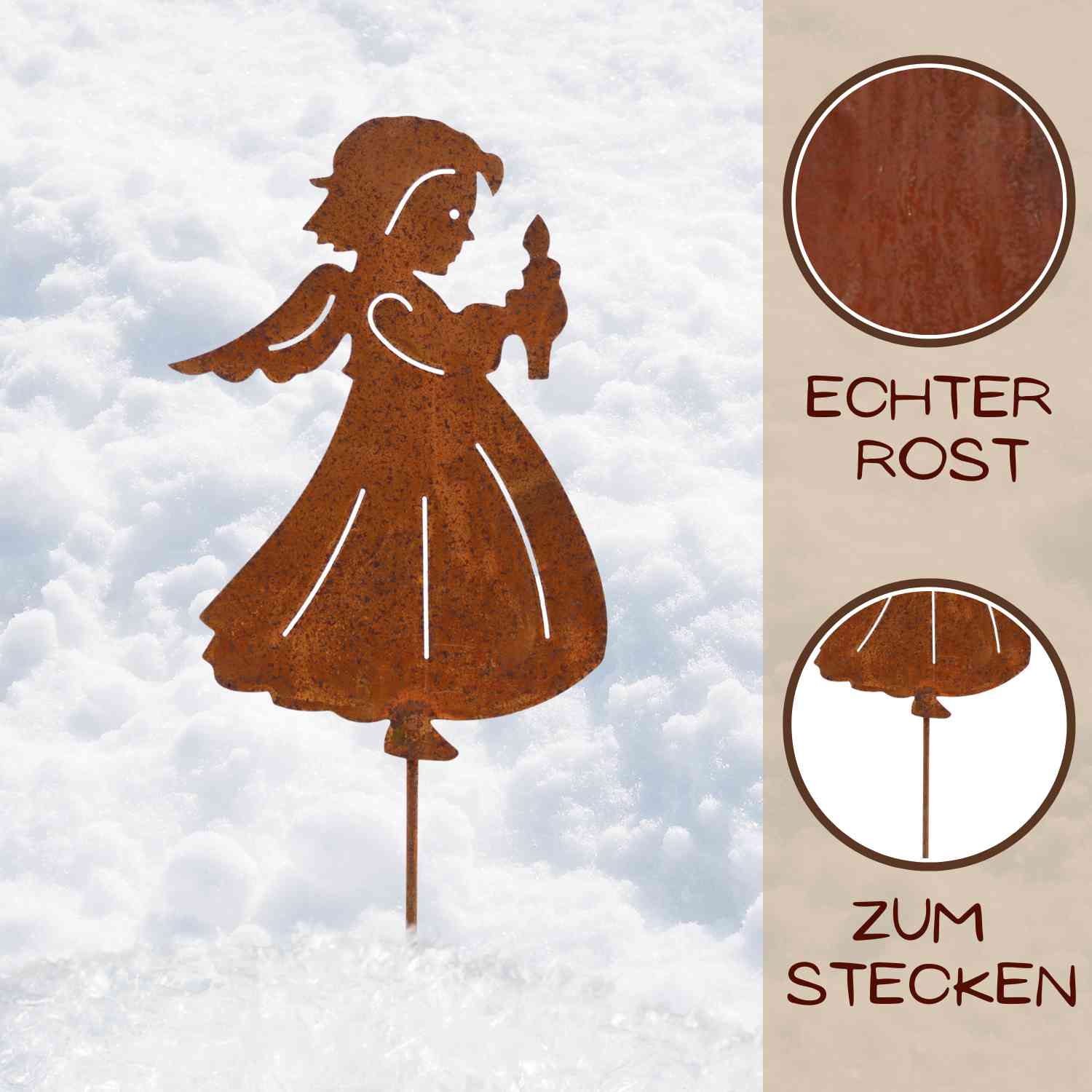 Rustikaler Gartenstecker Rost Engel mit Kerze als bezaubernde Weihnachtsdeko fĂŒr draussen und im Wohnzimmer.