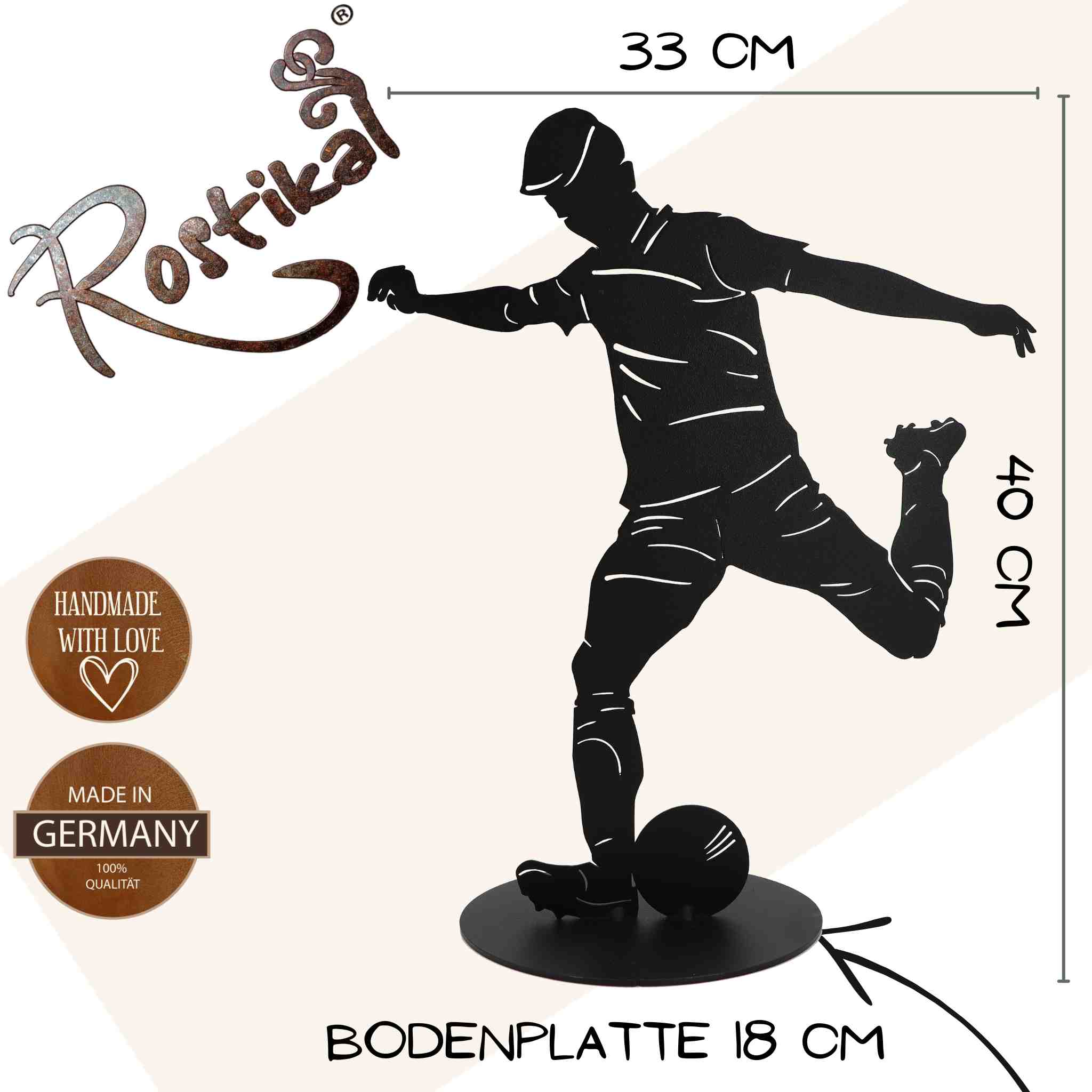 Schwarze, matt pulverbeschichtete Fußballspieler-Skulptur mit deutlich angezeigten Abmessungen von 40 cm Höhe, gefertigt in Deutschland, ideal als Geschenk oder für Fußball-Dekorationsliebhaber