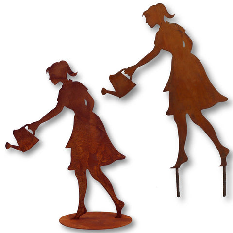 Gartendeko: Metallfigur "Gisela" als Gärtnerin - Edelrost Silhouette für Ihren Garten oder Balkon.
