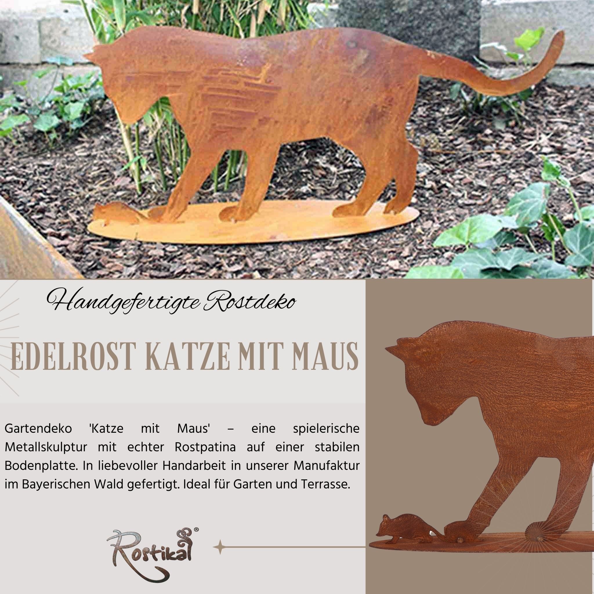 Katzenfiguren für den Garten – Rostige Metallkatze auf Mausjagd, eine bezaubernde Geschenkidee au stabiler Bodenplatte für Outdoor-Dekor.