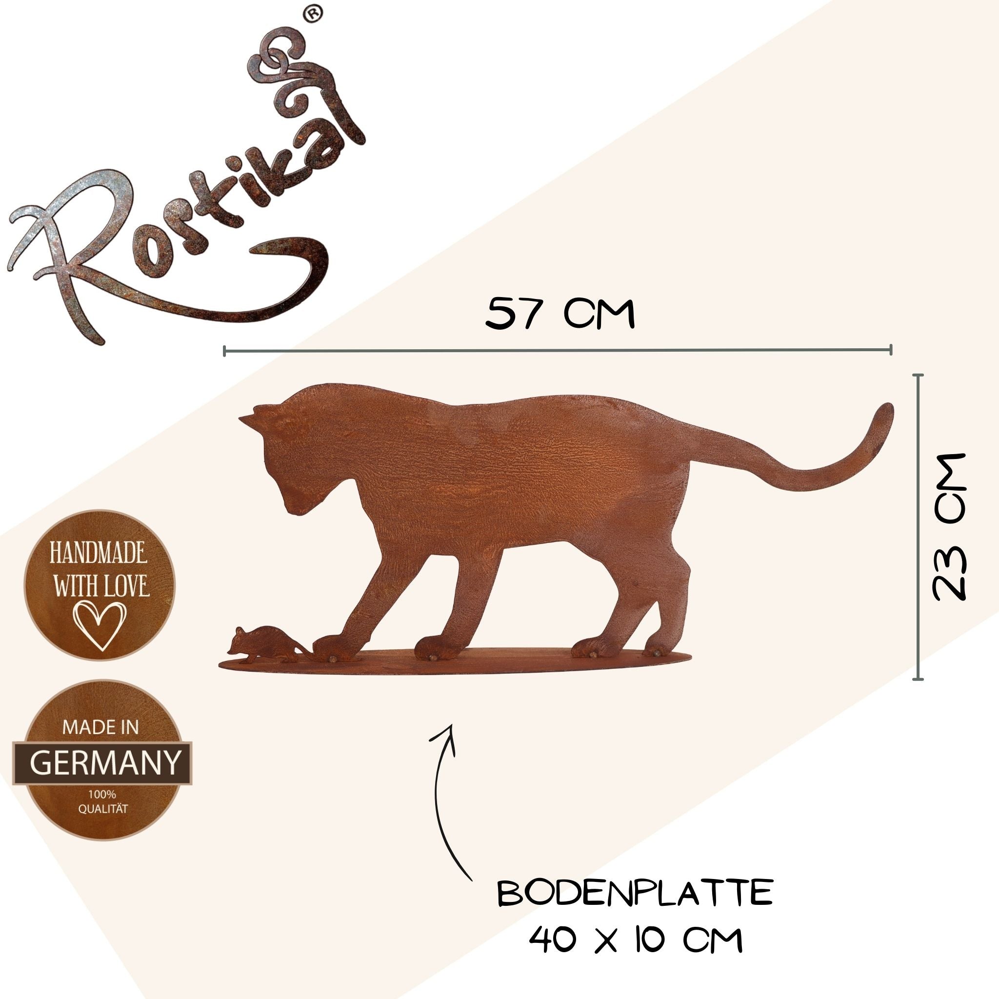 Shabby Chic Rostdeko 'Katze und Maus' für Haus und Garten, 23 x 57 cm – eine charmante Fensterbrett- und Terrassenzierde im Vintage-Look.