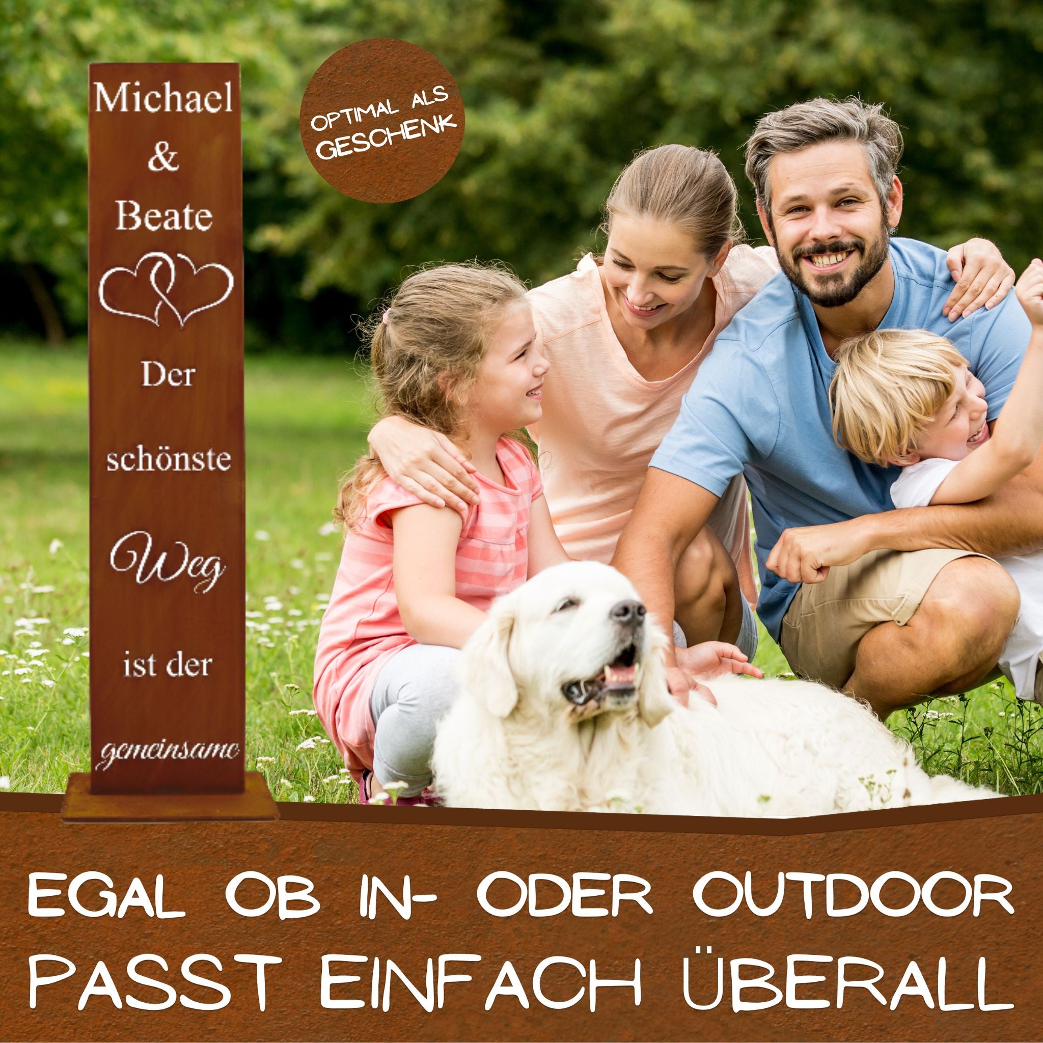 Edelrost Stele mit Spruch als Geschenkidee für Hochzeit oder Familie – wetterfeste Rostdeko für Garten und Zuhause