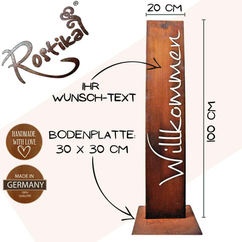 Rostiger Metall Deko Ständer zum selbst gestalten. Hochwertiges Dekoschild mit eigenem Text in fachmännischer Handarbeit für Sie hergestellt.