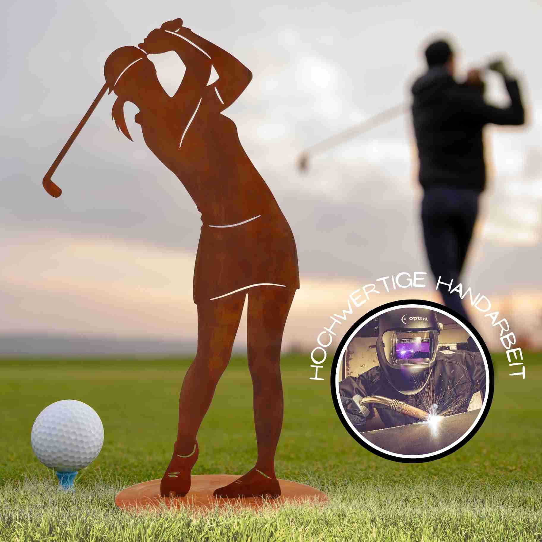 Diese rostige Golferin Figur sorgt in Ihrem Zuhause für einen einzigartigen Blickfang, ist aber auch als Pokal beim Golf Wettkampf ein Hingucker.