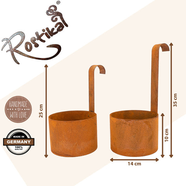 Edelrost Blumentopf zum Aufhängen im Vintage Look für den Balkon oder Garten. Robuste Konstruktion für lange Dekofreude
