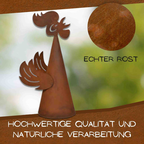 Handgefertigte Dekofigur in Hahnform aus Metall mit echtem Rostfinish, hochwertige Qualität und natürliche Verarbeitung, ideal für den Garten oder Zaun.