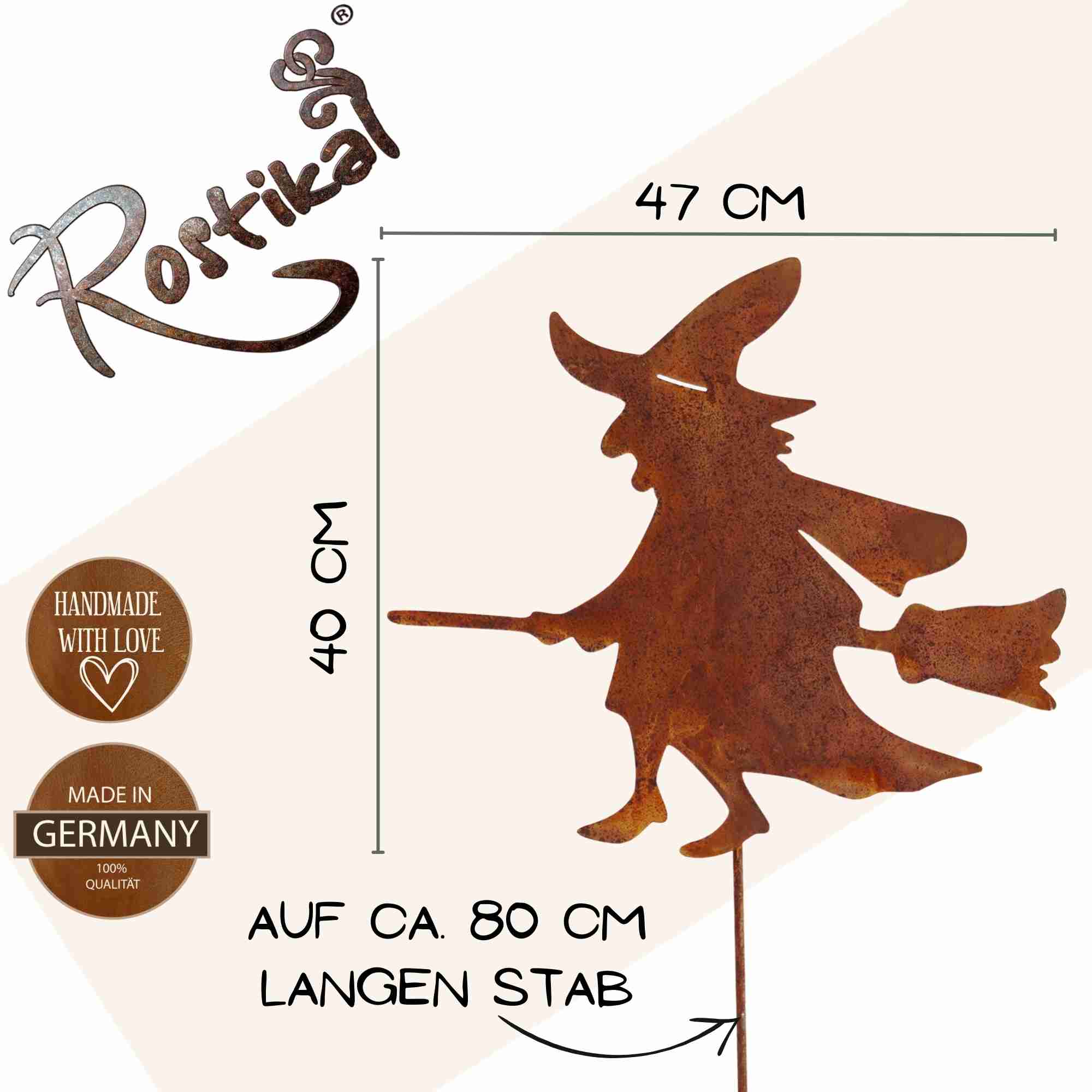 Die große Gartenstecker Rost Metall Hexe mit Rostdeko-Finish ist ein Unikat in Sachen Farbgebung und ist die ideale Halloween Dekoration.