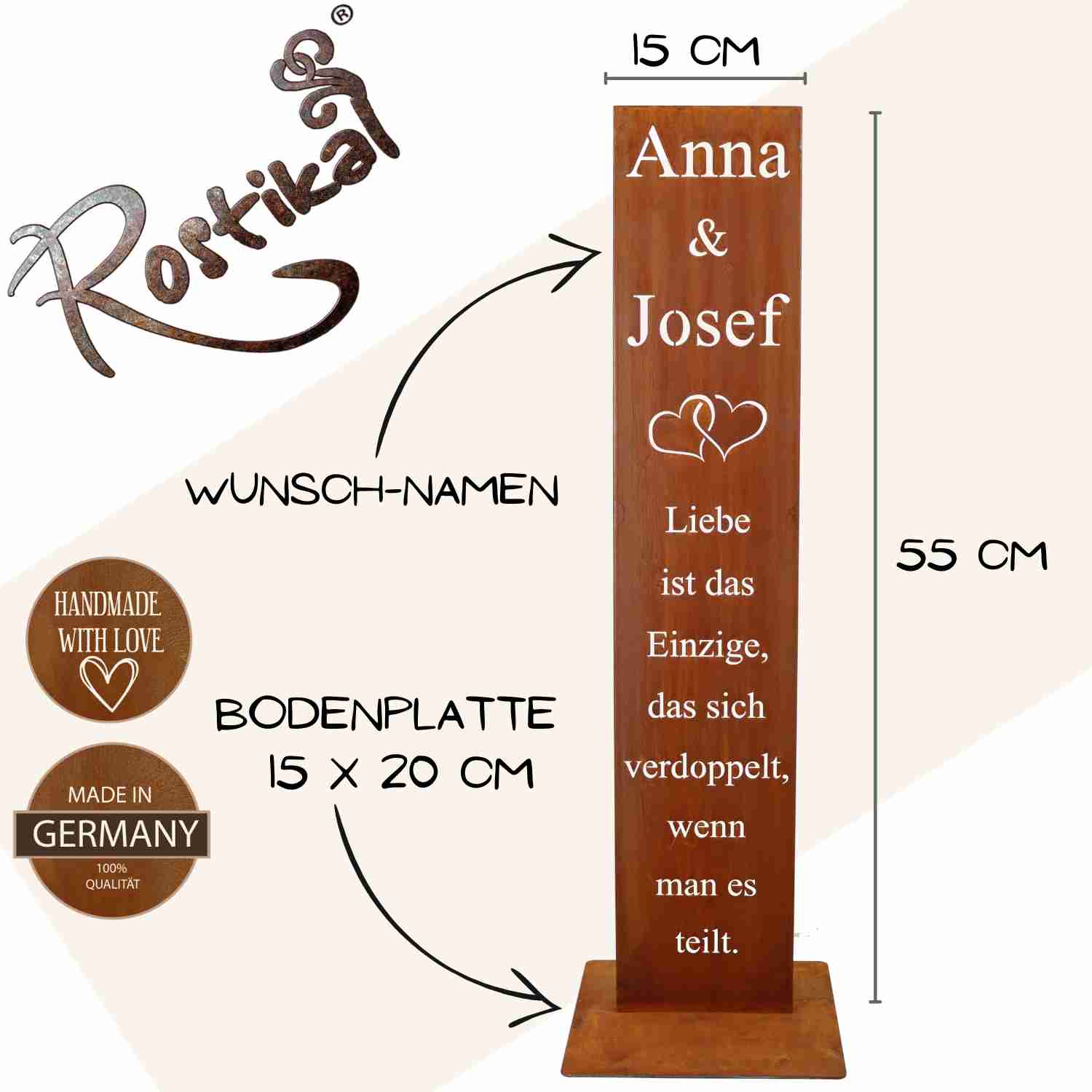 Personalisierte Deko Spruchtafel aus rostigem Metall zum individuell gestalten mit eigenen Namen. Einzigartige Hochzeitsdeko im Vintage Design.