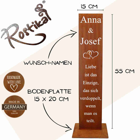 Personalisierte Deko Spruchtafel aus rostigem Metall zum individuell gestalten mit eigenen Namen. Einzigartige Hochzeitsdeko im Vintage Design.