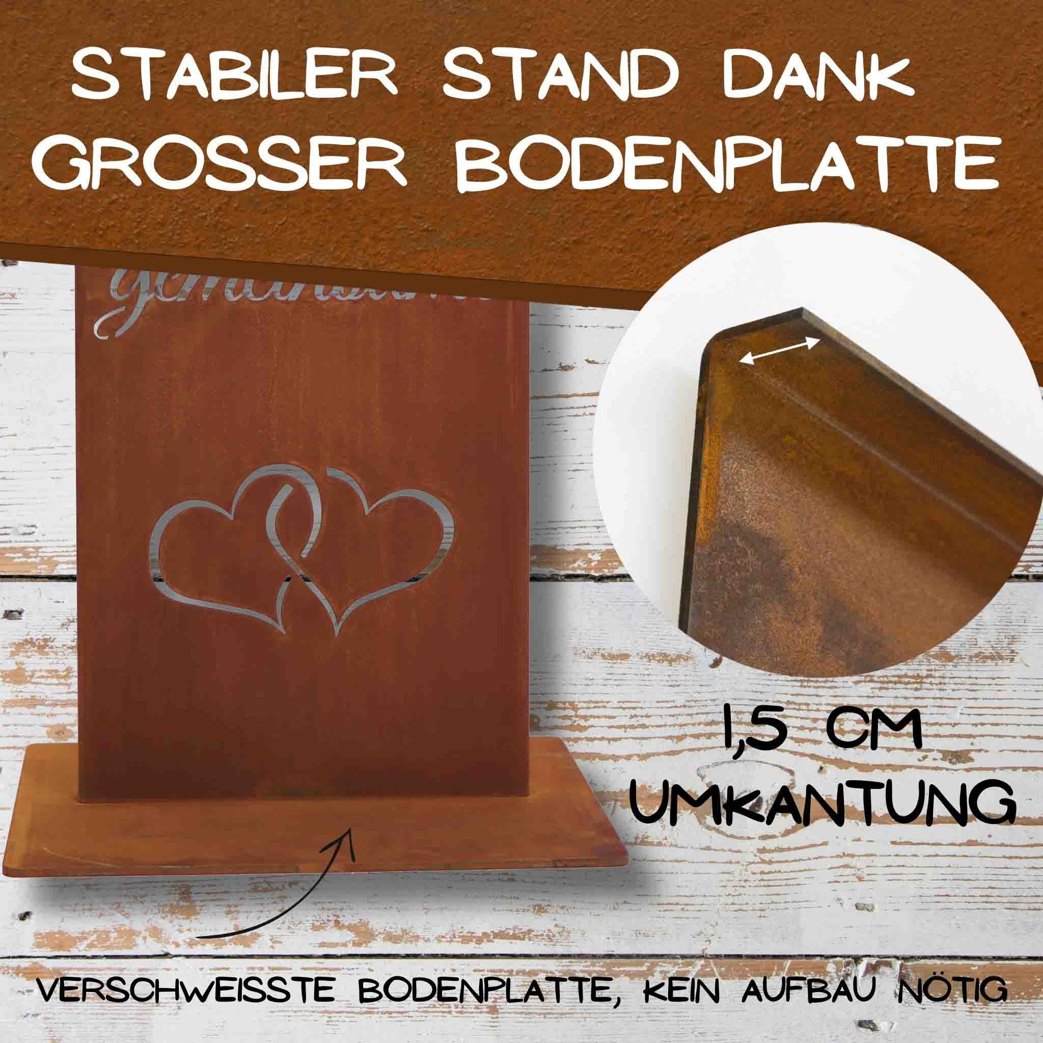 Detail Hochzeitsschild Edelrost – stabile Bodenplatte mit verschweißter Umkantung 1,5 cm für sicheren Stand