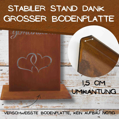 Detail Hochzeitsschild Edelrost – stabile Bodenplatte mit verschweißter Umkantung 1,5 cm für sicheren Stand