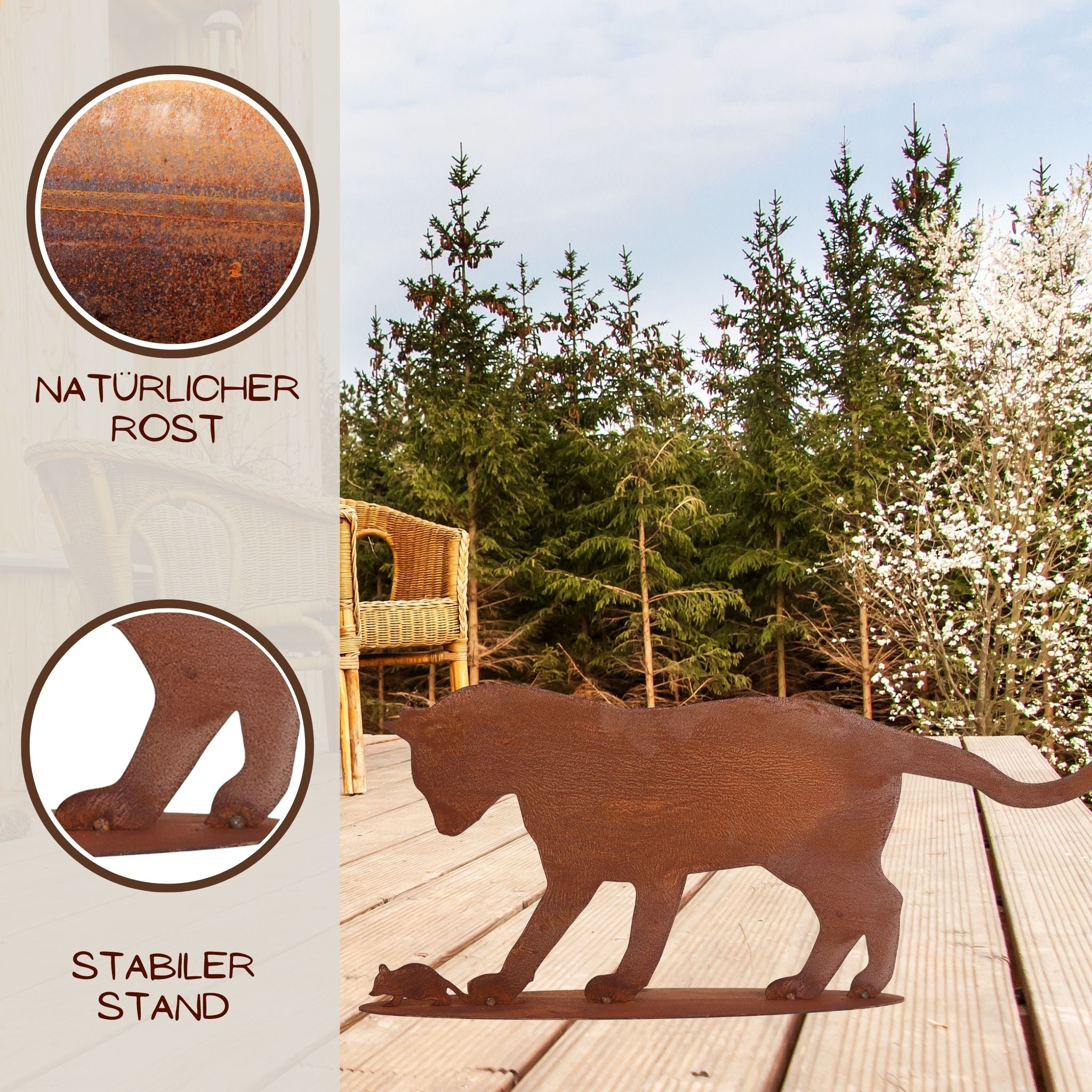 Rost Deko Katze jagt Maus Gartenfigur für Katzenliebhaber – perfekt für die Verschönerung von Gärten und als Shabby Chic Dekoration.