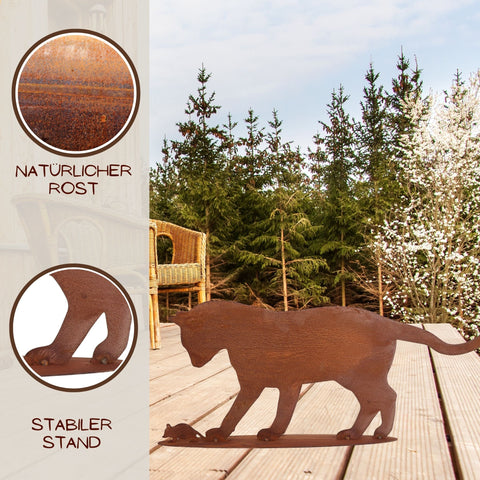 Rost Deko Katze jagt Maus Gartenfigur für Katzenliebhaber – perfekt für die Verschönerung von Gärten und als Shabby Chic Dekoration.