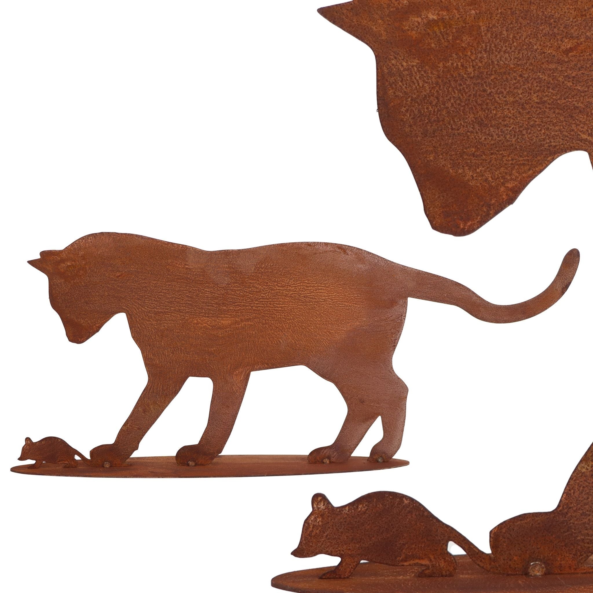 Katze mit Maus aus Rost-Metall - Dekorative Figur für Garten und Wohnraum