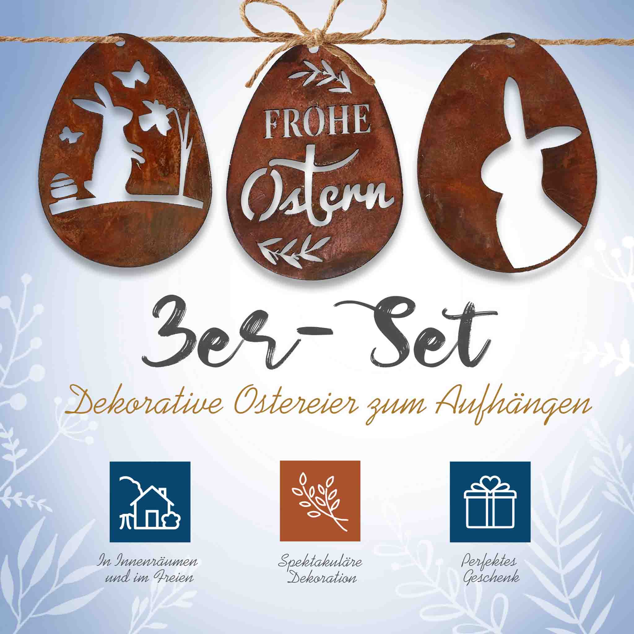 Edelrost Ostereier als Teil des Deko-Sets, arrangiert in einer natürlichen Umgebung, betont das rustikale Design