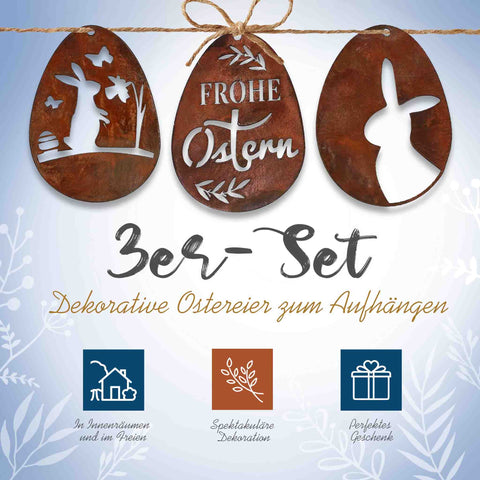 Edelrost Ostereier als Teil des Deko-Sets, arrangiert in einer natürlichen Umgebung, betont das rustikale Design