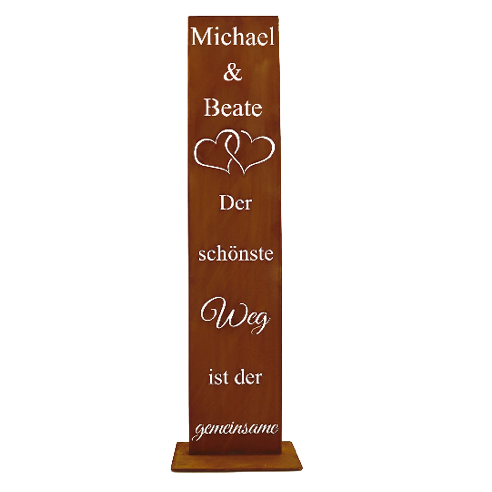 Personalisierte Edelrost Stele mit Herzen und Spruch „Der schönste Weg ist der gemeinsame“ – Geschenk zur Hochzeit oder Silberhochzeit