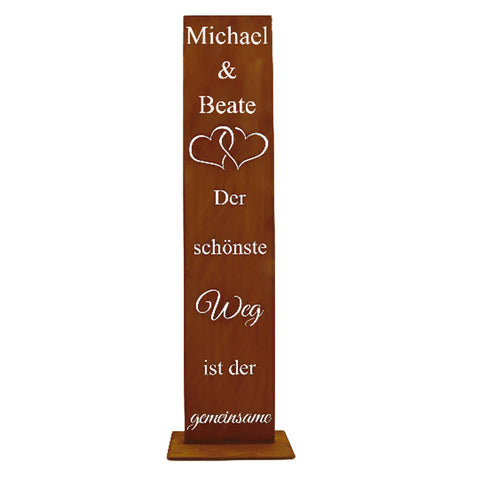 Personalisierte Edelrost Stele mit Herzen und Spruch „Der schönste Weg ist der gemeinsame“ – Geschenk zur Hochzeit oder Silberhochzeit