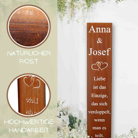 Rostiges Metall Deko Schild mit Spruch und eigenen Namen als handgefertigte Dekoration für individuelle Gestaltung von Haus und Garten.