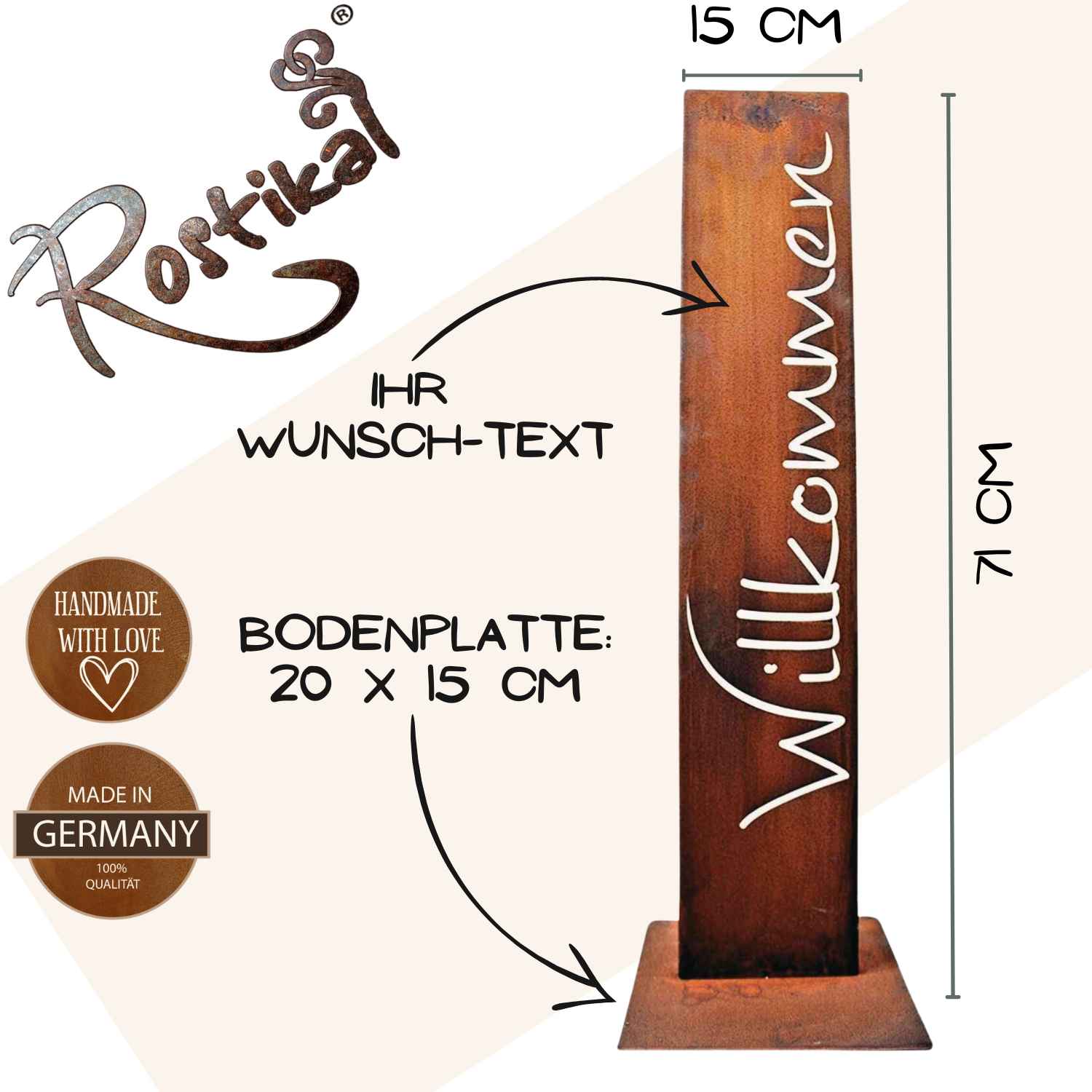 Individuell gestaltbare Metall Tafel für Ihre Wohn- und Gartendekoration. Gestalten Sie das rostige Dekoschild mit Ihrem eigenen Text oder Namen.