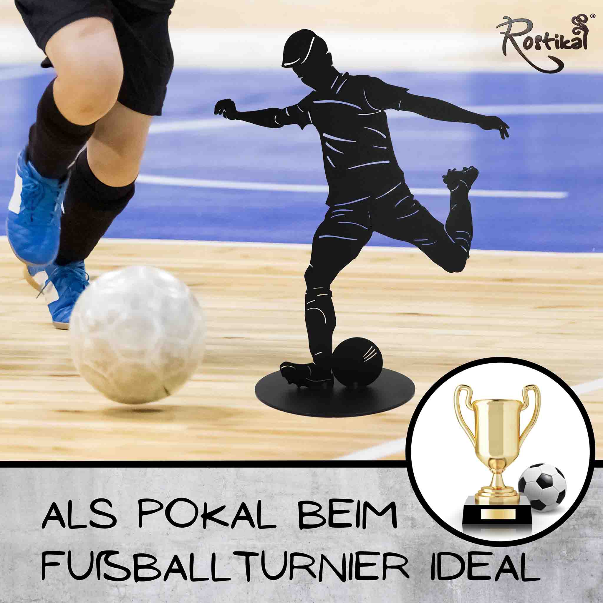 Fußballspieler-Trophäe in elegantem Schwarz Matt, pulverbeschichtet, ideal für Preise und Ehrungen