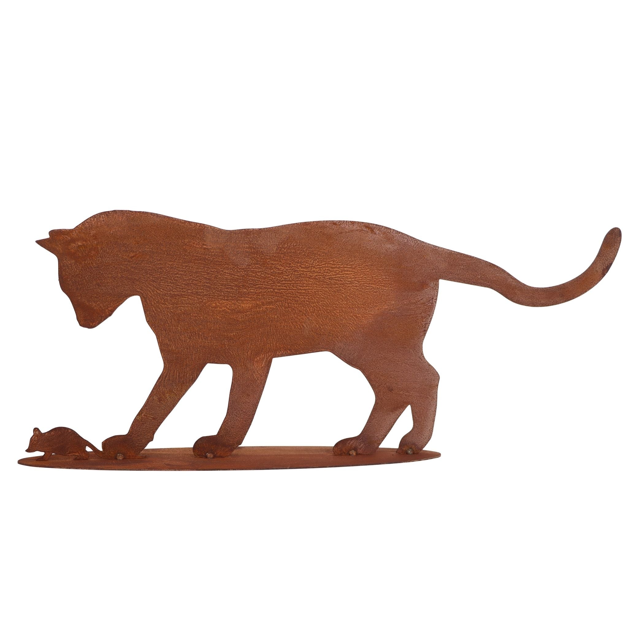 Langlebige Rostgartenfigur 'Katze mit Maus', Tierfigur aus Metall, kunstvoll handgefertigt, für eine kreative Garten- und Balkondekoration.