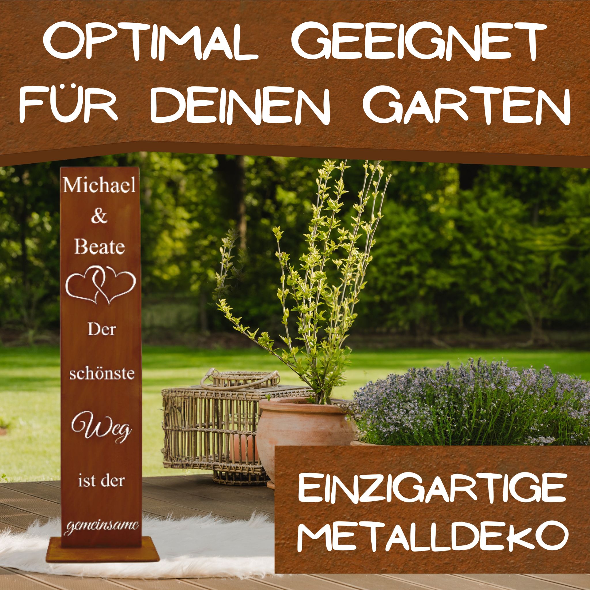 Personalisierte Edelrost Stele mit Spruch „Der schönste Weg ist der gemeinsame“ im Garten – dekorative Metall Deko mit Namen